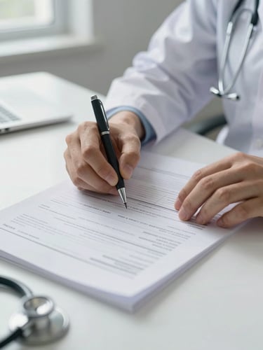 Close-up of a physician's hands resting on a desk, pointing to printed metabolic lab results with a pen, natural window light falling from the left across the papers and hands, a stethoscope partially visible at the edge of the frame, clean and precise clinical environment