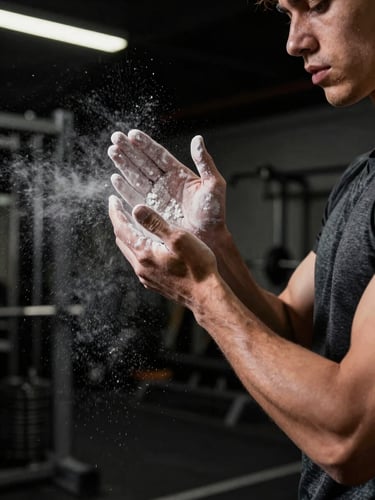 Tight dynamic action crop of an athlete chalking hands in a dark, high-contrast gym, white chalk dust suspended in dramatic studio lighting.