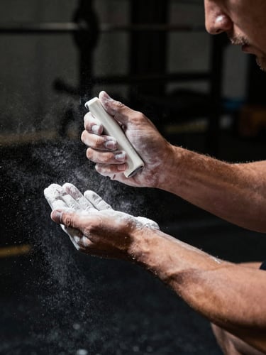Tight dynamic action crop of an athlete's hands chalking up before a heavy lift in a dark gym, white chalk dust floating in high-contrast dramatic spotlighting, raw athletic texture, sports journalism style