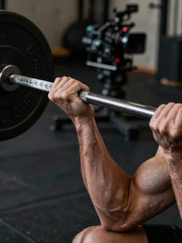 Dynamic close-up of an athlete's chalked hands gripping a heavy barbell in a dark, high-contrast London gym, dramatic shadows, raw sweat, professional camera rig visible in the background blur.