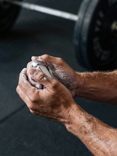 A high-contrast close-up photograph of an athlete's hands chalking up before a heavy lift, dramatic gym shadows and raw athletic texture