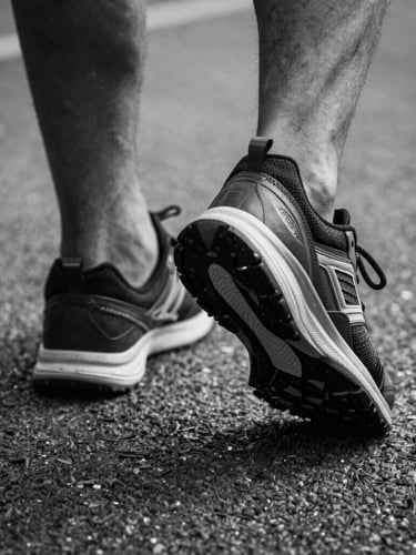 Tight dynamic action crop of running shoes hitting the pavement, high contrast black and white, sharp focus.