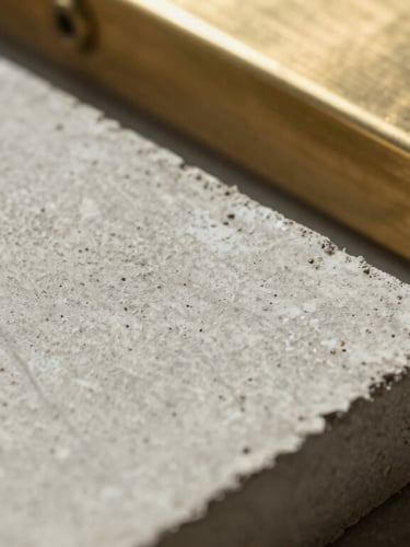 Extreme macro detail of premium building materials, focusing on raw concrete and polished brass elements under bright, direct sunlight.
