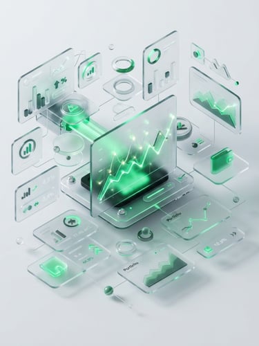 Sleek 3d render, glassmorphic financial UI elements, glowing green accents, clean white backdrop, crisp studio light, isometric