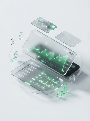 Sleek 3D render of a glassmorphic fintech dashboard mockup, glowing green charts, transaction history, floating payment cards on a clean white backdrop, isometric, crisp studio light