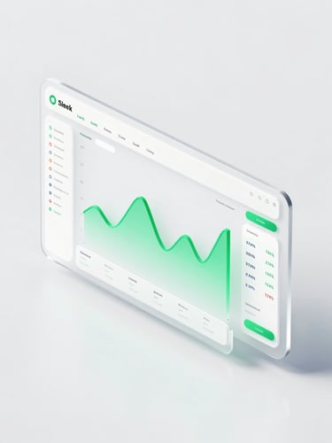 Sleek 3D render of a modern financial dashboard showing transaction charts, green glowing analytics lines, glassmorphic widgets, clean white backdrop, crisp studio light, isometric