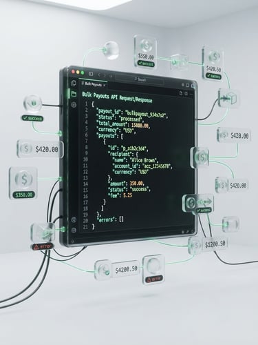 Sleek 3D render of a dark-mode IDE displaying a clean JSON API request-response payload for bulk payouts, glowing green syntax highlighting, floating glassmorphic transaction nodes, crisp studio lighting, isometric view