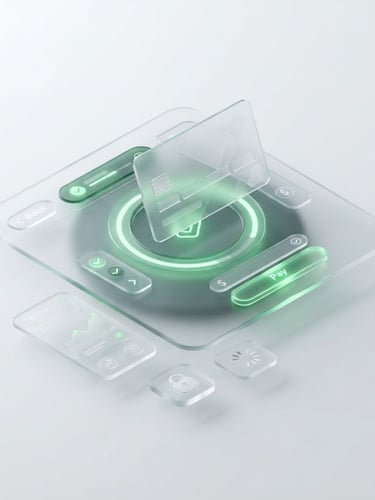 sleek 3d render, glassmorphic checkout UI interface with floating credit card, glowing green accents, clean white backdrop, crisp studio light, isometric