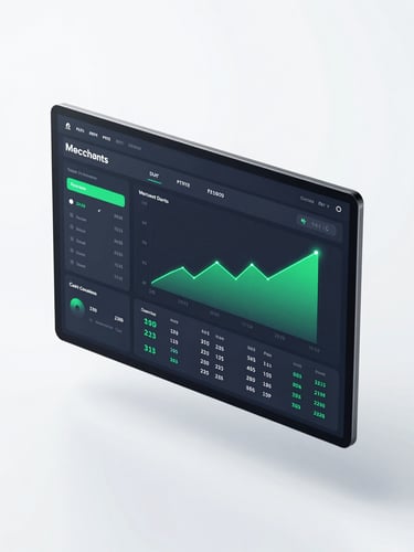Sleek 3D render of a dark-mode merchant dashboard on a floating glass pane, displaying real-time payout analytics, glowing green success charts, transaction history, crisp studio lighting, isometric view