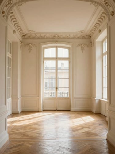Warm editorial photography of a grand Parisian salon with high ceilings, delicate plaster moldings, herringbone parquet floors, and soft afternoon window light, 35mm