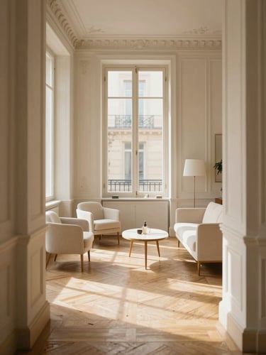 Warm editorial photography of a grand Parisian salon, soft afternoon window light streaming across herringbone parquet floors, delicate white plaster moldings, minimalist cream furniture, 35mm