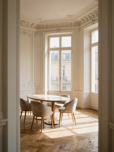 Warm editorial photography of a Parisian salon, high ceilings with delicate plaster moldings, sun-drenched herringbone parquet floor, soft afternoon window light, 35mm.