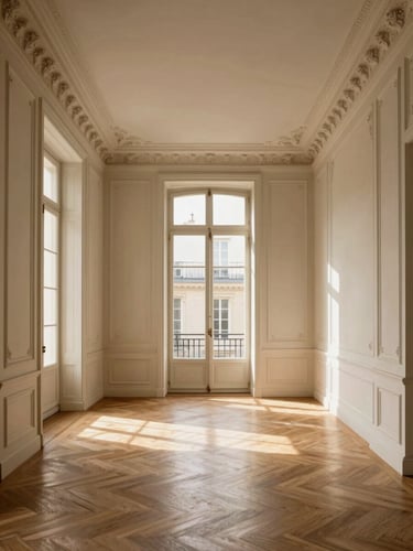 Wide environmental architectural shot of a Parisian private mansion salon, herringbone parquet floors, high ceilings with delicate plaster moldings, warm afternoon window light, 35mm