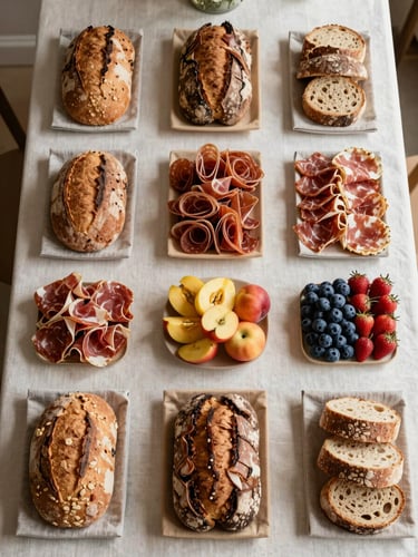 Overhead flatlay of a fully composed corporate coffee-break table — small linen-lined trays of artisanal breads, charcuterie, and seasonal fruits arranged with precise negative space on a warm off-white linen surface, soft north-facing daylight, no people, no clutter