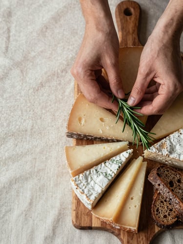 Overhead close-up flatlay of hands gently placing a sprig of fresh rosemary onto a composed artisanal charcuterie board, soft north-facing daylight, warm off-white linen beneath, textures of aged cheese and dark bread visible at the edges, generous negative space to the left