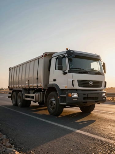 Low-angle heroic shot of an Elzafer heavy-duty cargo truck parked on an Egyptian highway shoulder during early morning golden hour, long dramatic shadows, harsh side-lighting, cargo securing straps visible in sharp detail, industrial-grade transit atmosphere.