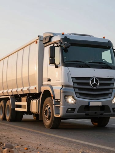 Low-angle heroic shot of a heavy-duty Mercedes cargo truck driving on the Cairo-Alexandria desert road during early morning golden hour, long shadows, sharp details, industrial atmosphere.