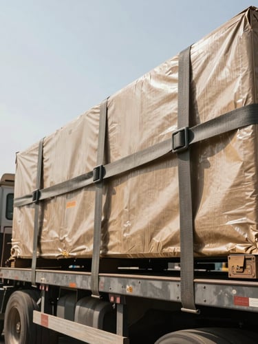 A close-up heroic low-angle shot of industrial cargo being secured with heavy-duty metal tension straps on a flatbed truck, active Cairo logistics hub background, harsh daylight