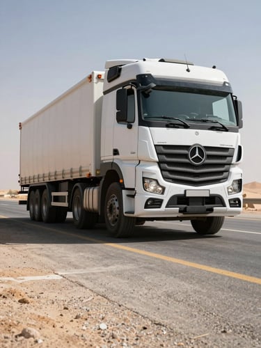 Low-angle heroic shot of a heavy-duty Mercedes-Benz Actros cargo truck on the Cairo-Alexandria desert road during harsh midday sun, deep shadows, concrete highway texture, industrial scale.