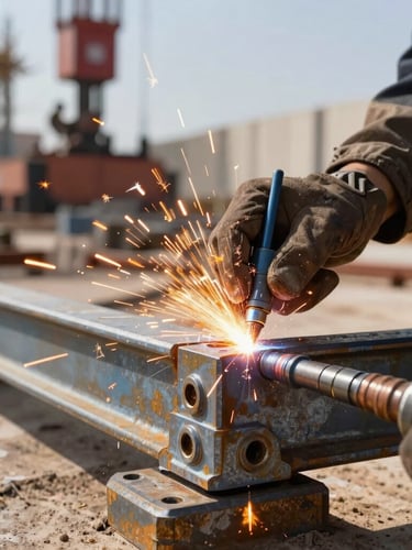 Close-up of industrial steel joint welding on an active construction site in Dammam, bright daylight, safety orange sparks