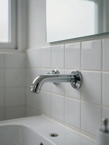 Close-up of a finished bathroom renovation with white ceramic tiles aligned precisely, chrome fixture detail on matte wall, bright overcast daylight from a frosted window casting even light on grout lines and a clean vanity edge