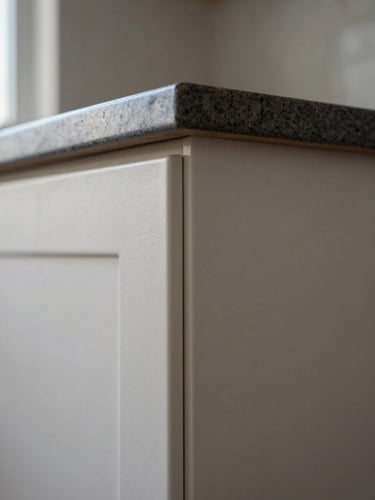 Close-up of a cabinet corner joint and painted wall edge in a renovated kitchen, sharp detail of flush tile alignment and smooth finish under soft north-facing window light