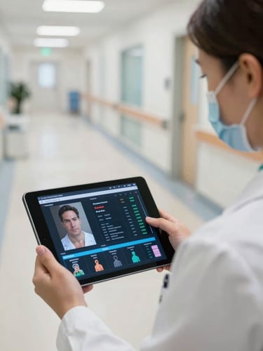 A close-up over-the-shoulder shot of a clinical director reviewing real-time patient analytics on a tablet, clean modern hospital corridor in the background, bright daylight.
