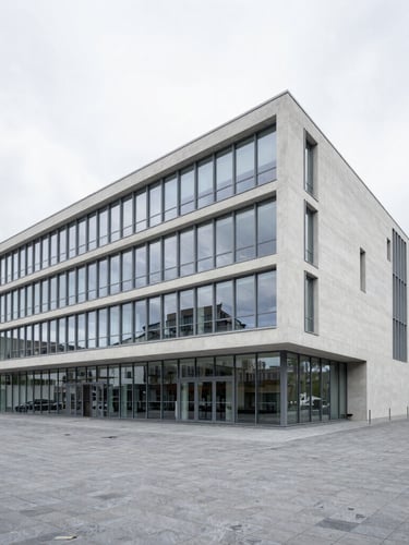 Wide architectural angle of a minimalist modern distribution headquarters in Switzerland, clean concrete and glass facade, bright overcast daylight, cool slate tones, sharp focus, 35mm