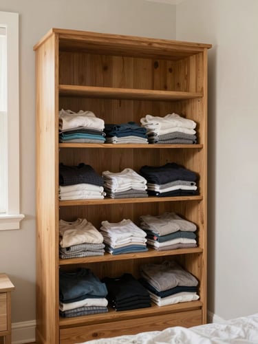A newly installed custom wooden dressing room in a bright bedroom, warm oak shelves filled with folded clothes, soft natural light, lived-in authentic home.