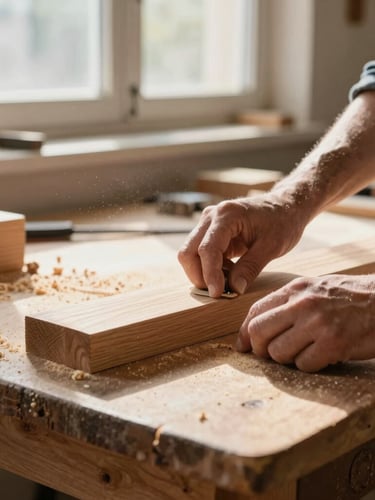 Hands of a carpenter smoothing a piece of oak wood on a rustic workbench, warm natural sunlight streaming through a workshop window, sawdust in the air, shallow depth of field