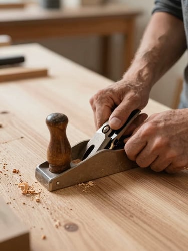 Close-up of a carpenter's hands using a hand plane on a thick oak board, warm workshop daylight, wood shavings visible, shallow depth of field