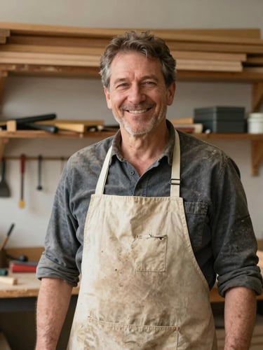 An authentic portrait of a middle-aged carpenter in a dusty canvas apron smiling in his warm workshop, shelves of wooden planks and hand tools in the background