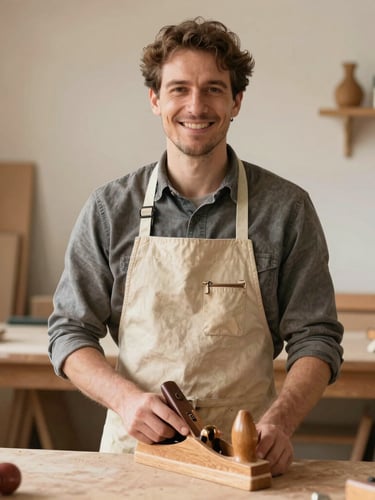 Medium portrait shot of a smiling French carpenter in a canvas apron, holding a wooden plane at a workbench, natural warm workshop light, authentic documentary style