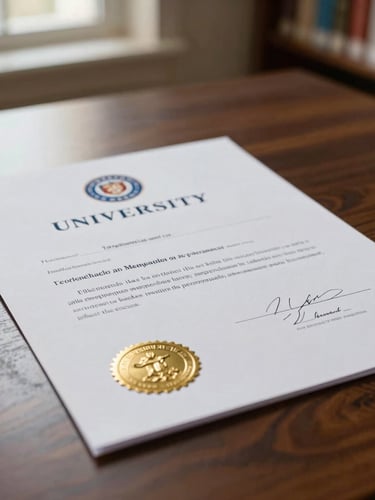 Close-up of an official university acceptance letter with a gold seal resting on a dark walnut desk, soft side-lighting from a library window