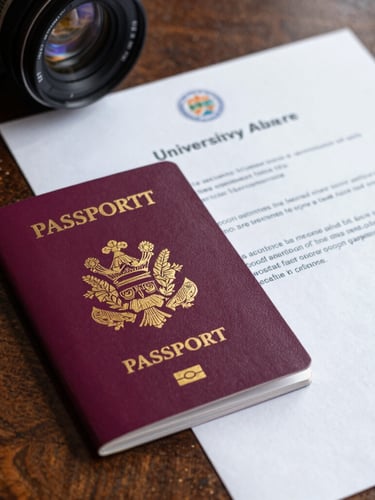 A close-up of a British passport and an official university acceptance letter resting on a dark oak library table, natural side light