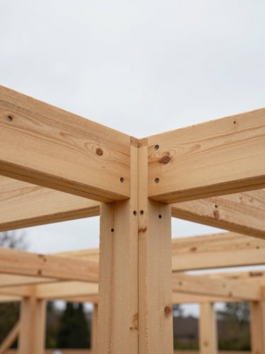 Close-up technical shot of timber framing joints on a Victorian residential construction site under bright overcast daylight, focus on structural details, 35mm