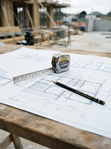 Crisp architectural blueprint plans laid out on a site table, a steel measuring tape and pencil resting on the technical drawing, bright natural overcast daylight, cool slate blue tones, sharp focus, 35mm