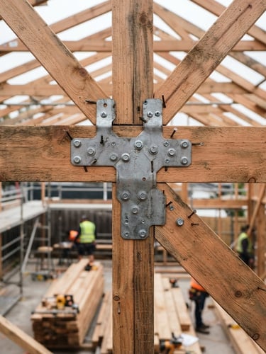Medium close-up technical shot of timber framing on an active Victorian residential construction site under bright overcast daylight, focus on steel joint connector