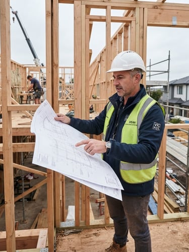 Professional medium shot of Dean, a registered building surveyor, on an active residential framing site in Victoria, holding architectural blueprints, natural overcast daylight, cool slate tones, sharp focus, 35mm