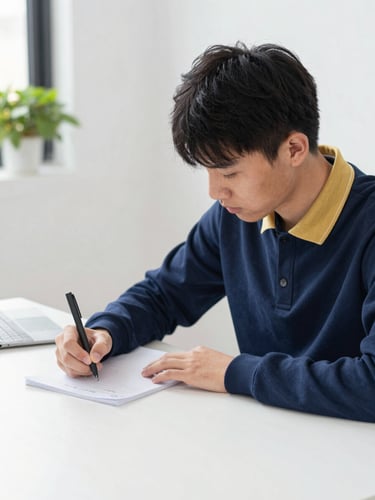 A focused student in deep concentration writing in a clean, modern study space, bright natural daylight, 35mm lens