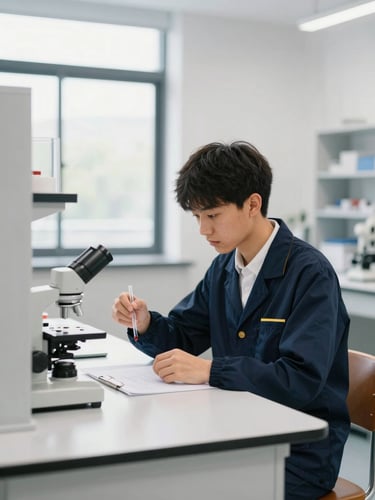 A focused student analyzing a physics experiment in a modern, daylight-filled laboratory, clean academic setting.