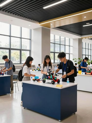 A wide-angle shot of a clean, modern exhibition hall filled with student-led science exhibits, bright daylight streaming through high windows, focused educators evaluating a robotics display