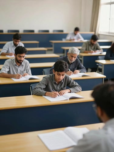 A clean lecture hall in Islamabad with teachers collaborating over structured curricula, bright natural daylight, 35mm lens