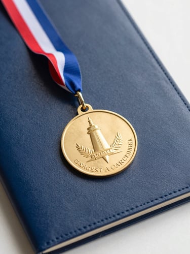 An elegant close-up of a gold academic medal resting on a clean leather-bound curriculum folder, bright natural daylight, sharp focus