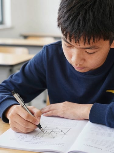 A close-up portrait of a student in deep concentration during an exam, holding a pen over a complex geometry diagram, soft natural daylight, sharp focus on the page, clean modern classroom background.