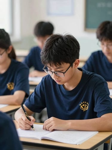 A focused student in deep concentration during a high-level mathematics competition, bright natural daylight, 35mm lens