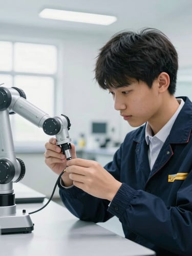 A close-up of a high-school student in deep concentration adjusting a robotic arm in a modern, brightly lit science laboratory, cool-toned indoor lighting, 35mm lens