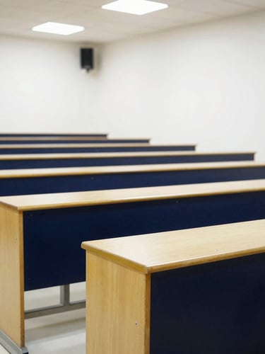 A clean environmental shot of a modern lecture hall in Pakistan with bright natural daylight, sharp focus, 35mm lens