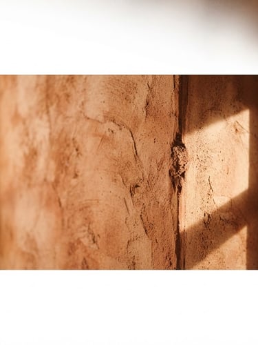 Close-up of a warm terracotta plaster wall with subtle trowel marks, soft natural light creating architectural shadows, high texture detail, panoramic 21:9 frame, off-center focus.