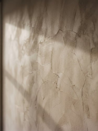 Close-up of a Roman Clay wall in a warm taupe with subtle, smooth trowel marks, soft natural window light casting architectural shadows, minimalist interior, shallow depth of field.